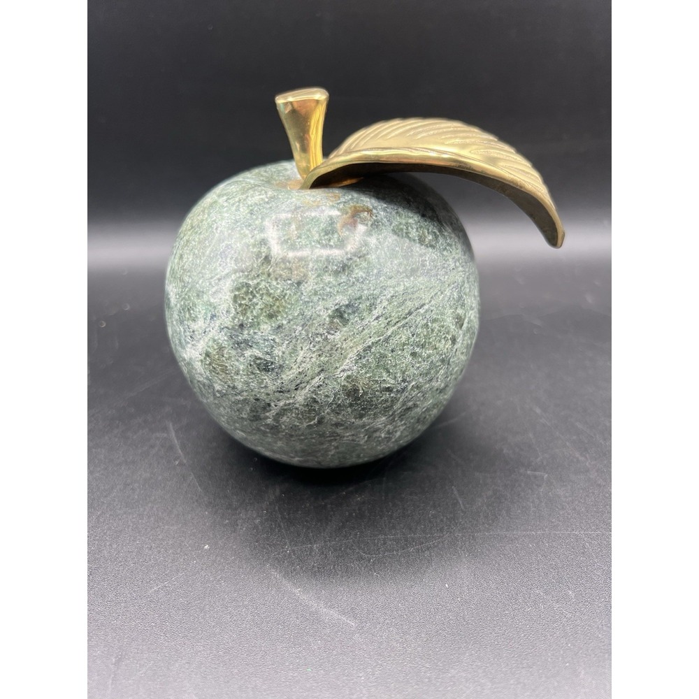 Vintage Marble Apple Paperweight with Brass Stem and Leaf Green Apple 4.5 Inches